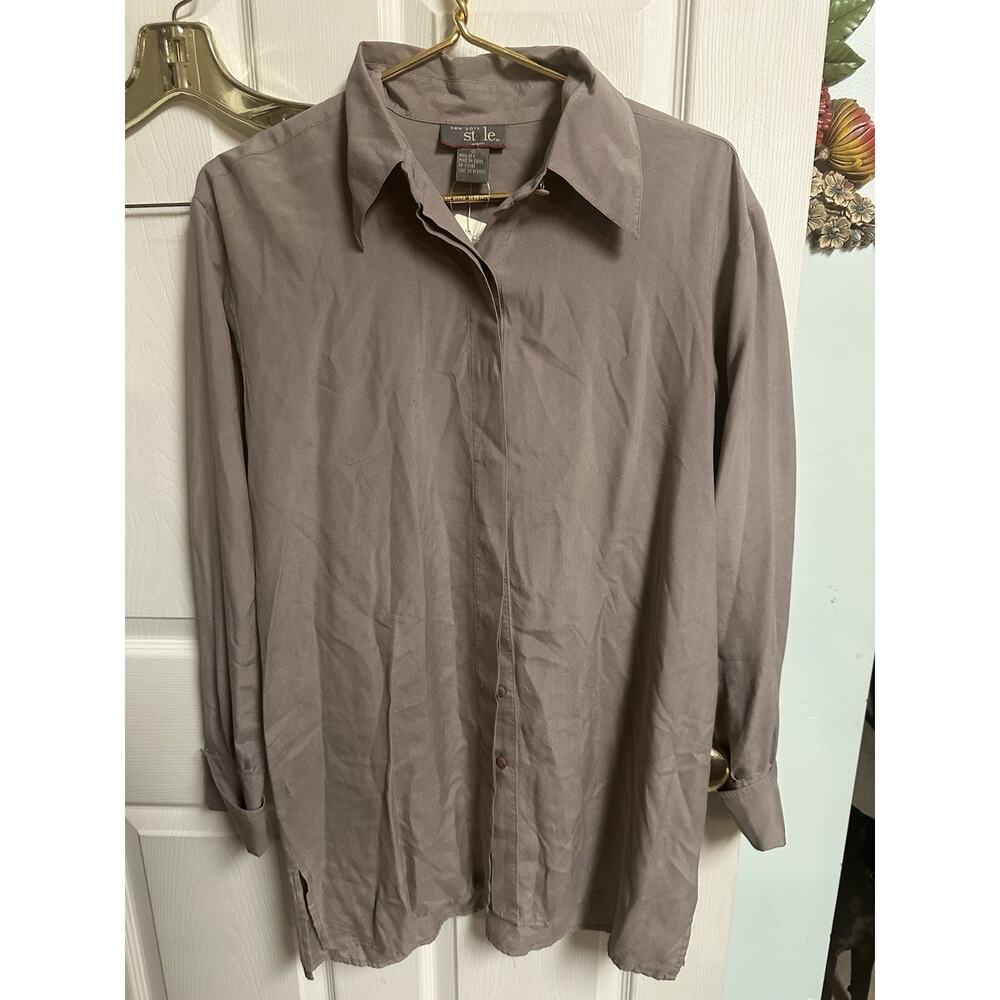 VNT 90s New York Studio Silk Short Sleeve Button Down Shirt Mauve Brown Med 8